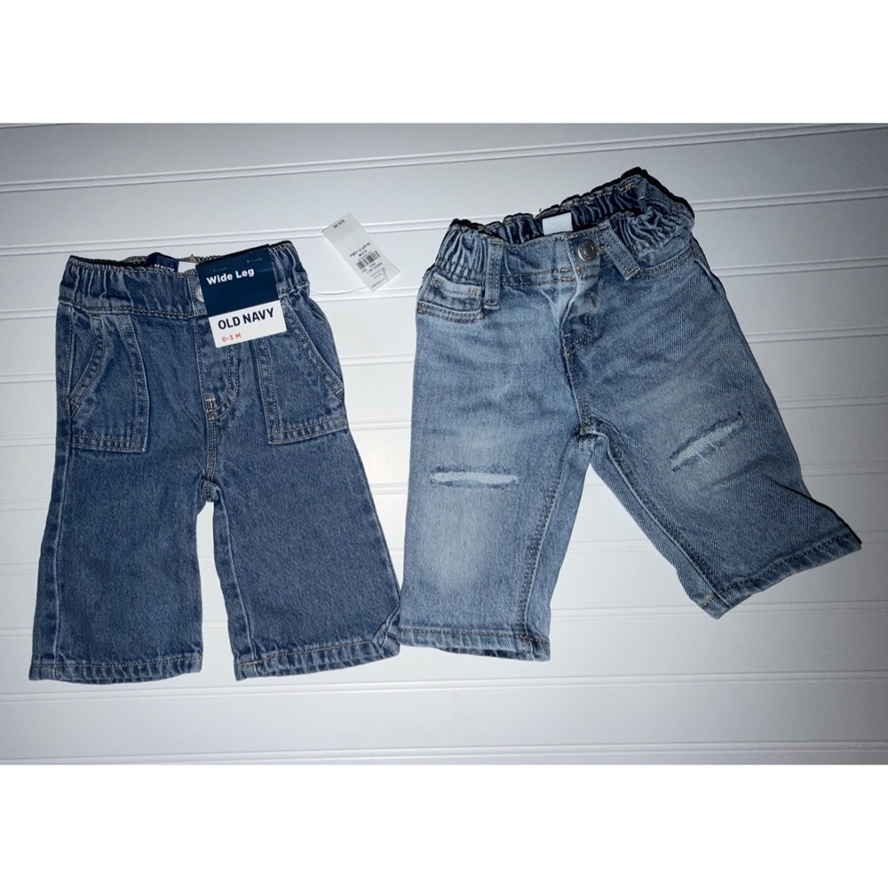 Old Navy Baby Jeans Set 2pk Wide Leg Distressed Denim Blue 0-3 Months NWT